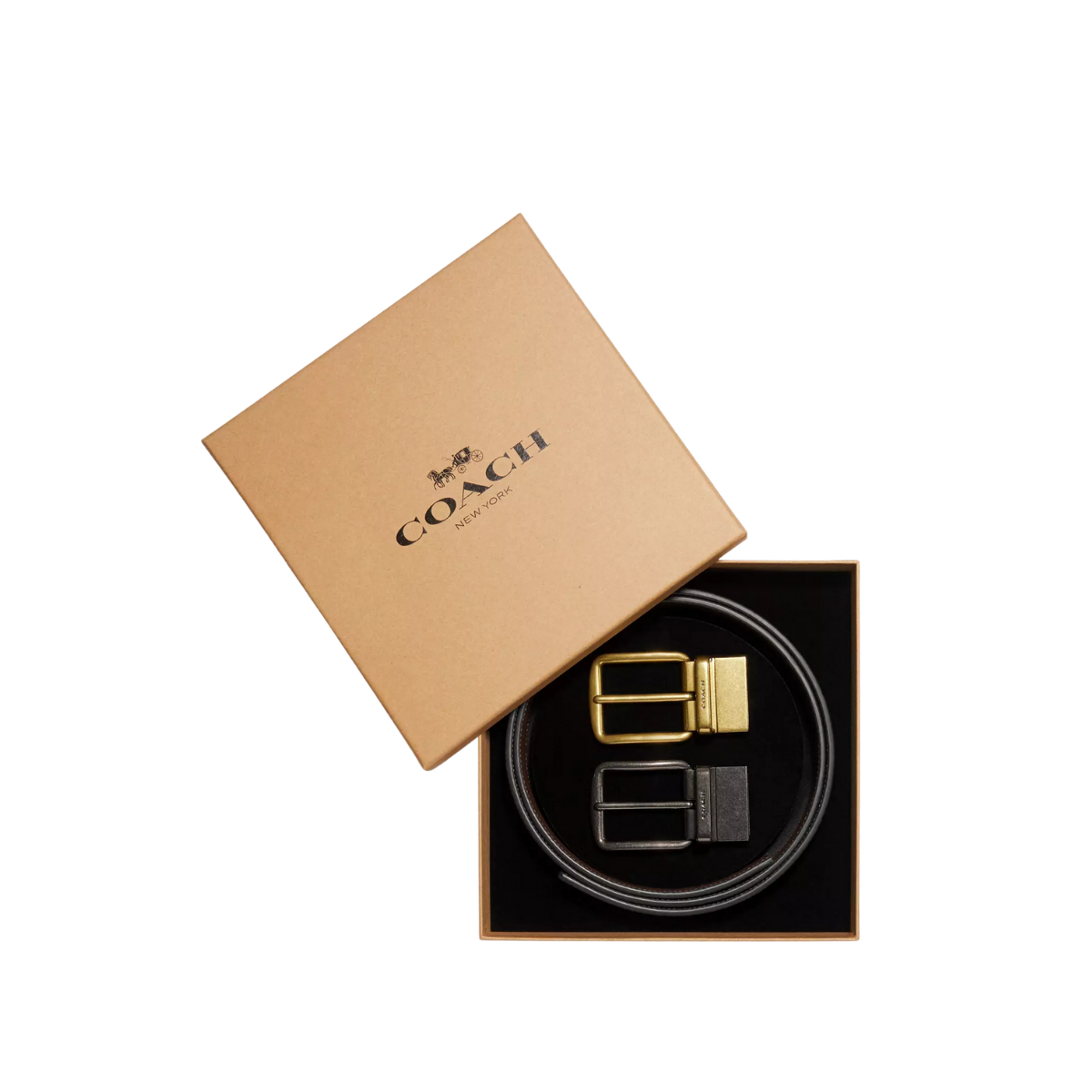 Coach Boxed Harness Buckle Cut-To-Size Reversible Belt 38 MM Black Dark Brown