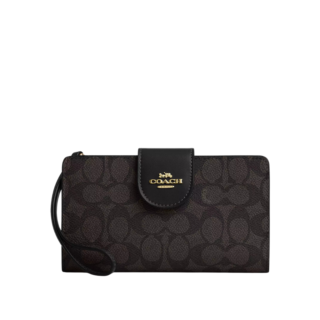 Coach Phone Wallet In Signature Canvas Gold Walnut Black