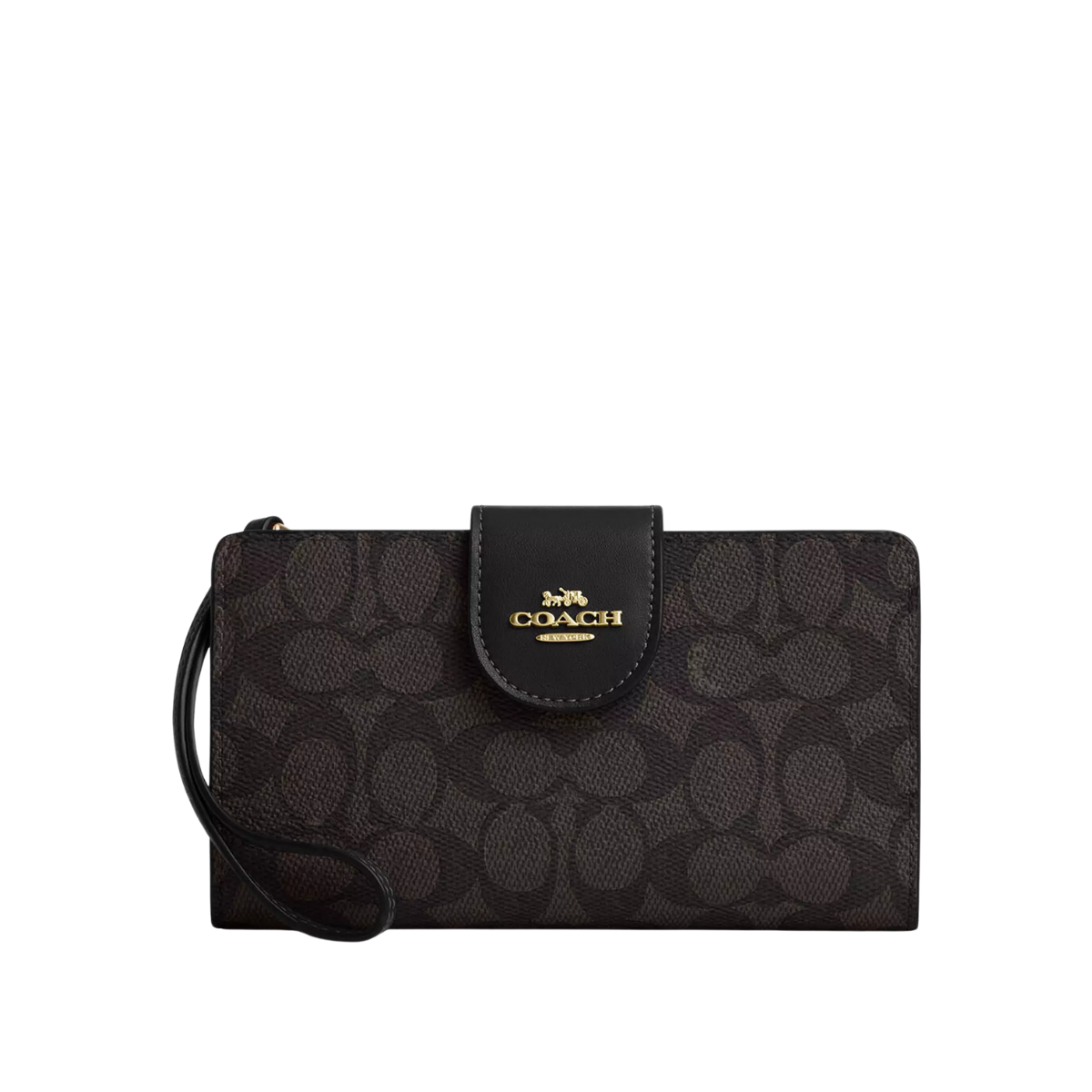 Coach Phone Wallet In Signature Canvas Gold Walnut Black