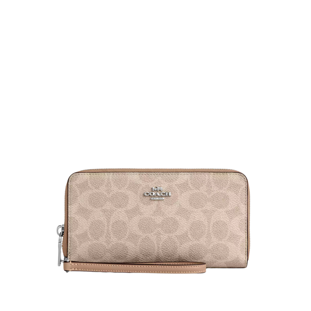 Coach Long Zip Around Wallet With Detachable Card Case In Signature Canvas Silver Sand Taupe
