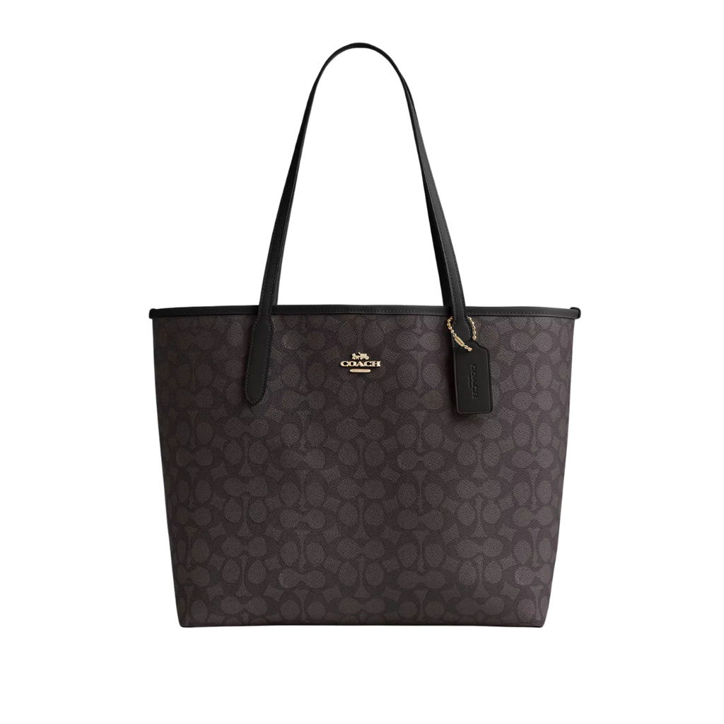 Coach City Tote Bag In Signature Canvas Gold Walnut Black