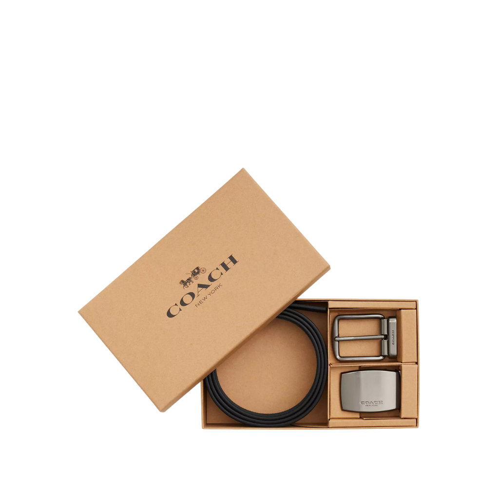 Coach Boxed Plaque And Harness Buckle Cut-To-Size Reversible Belt 38 MM Gunmetal Charcoal Black