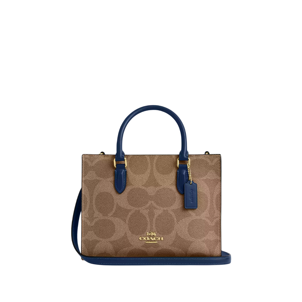 Coach Maggie Small Tote Bag In Signature Canvas Gold Tan Deep Blue