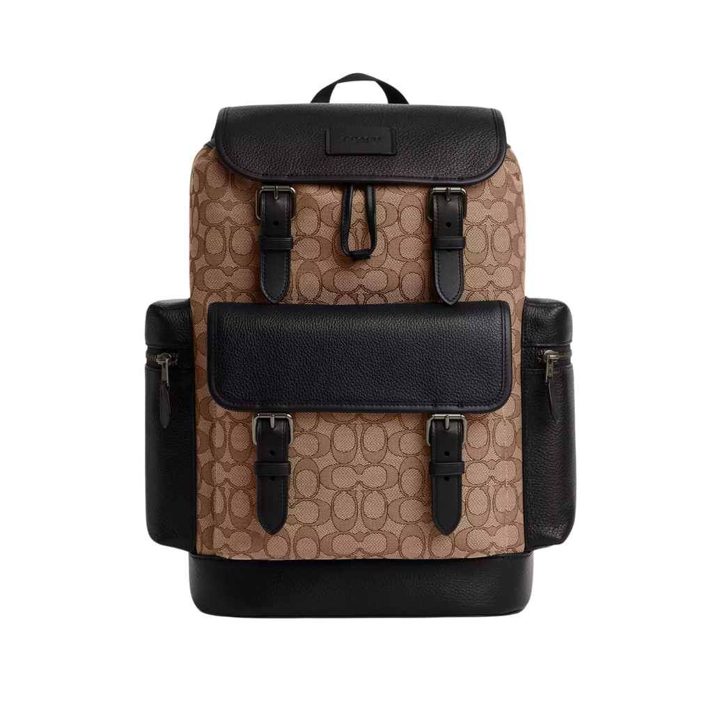 Coach Sprint Backpack Signature Jacquard Gunmetal Tan Black