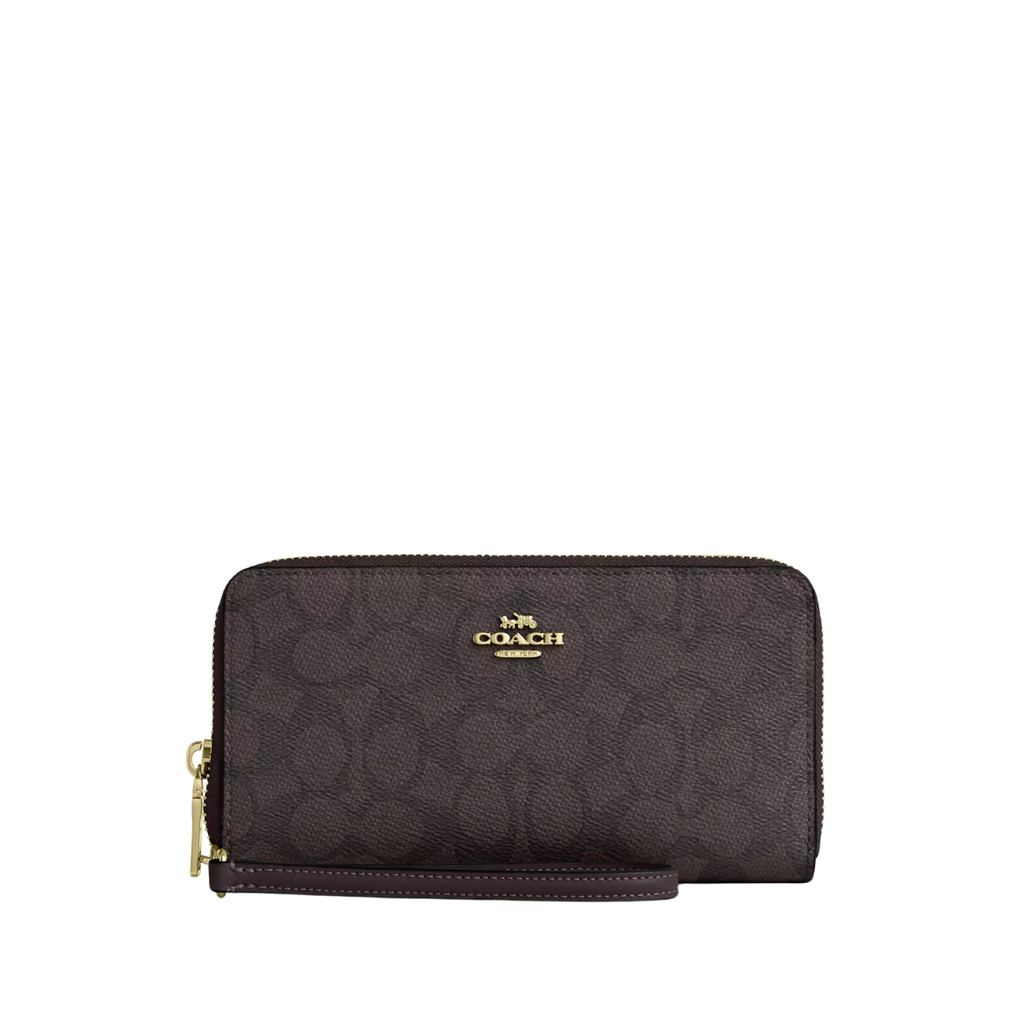 Coach Long Zip Around Wallet With Detachable Card Case In Signature Canvas Gold Walnut Black