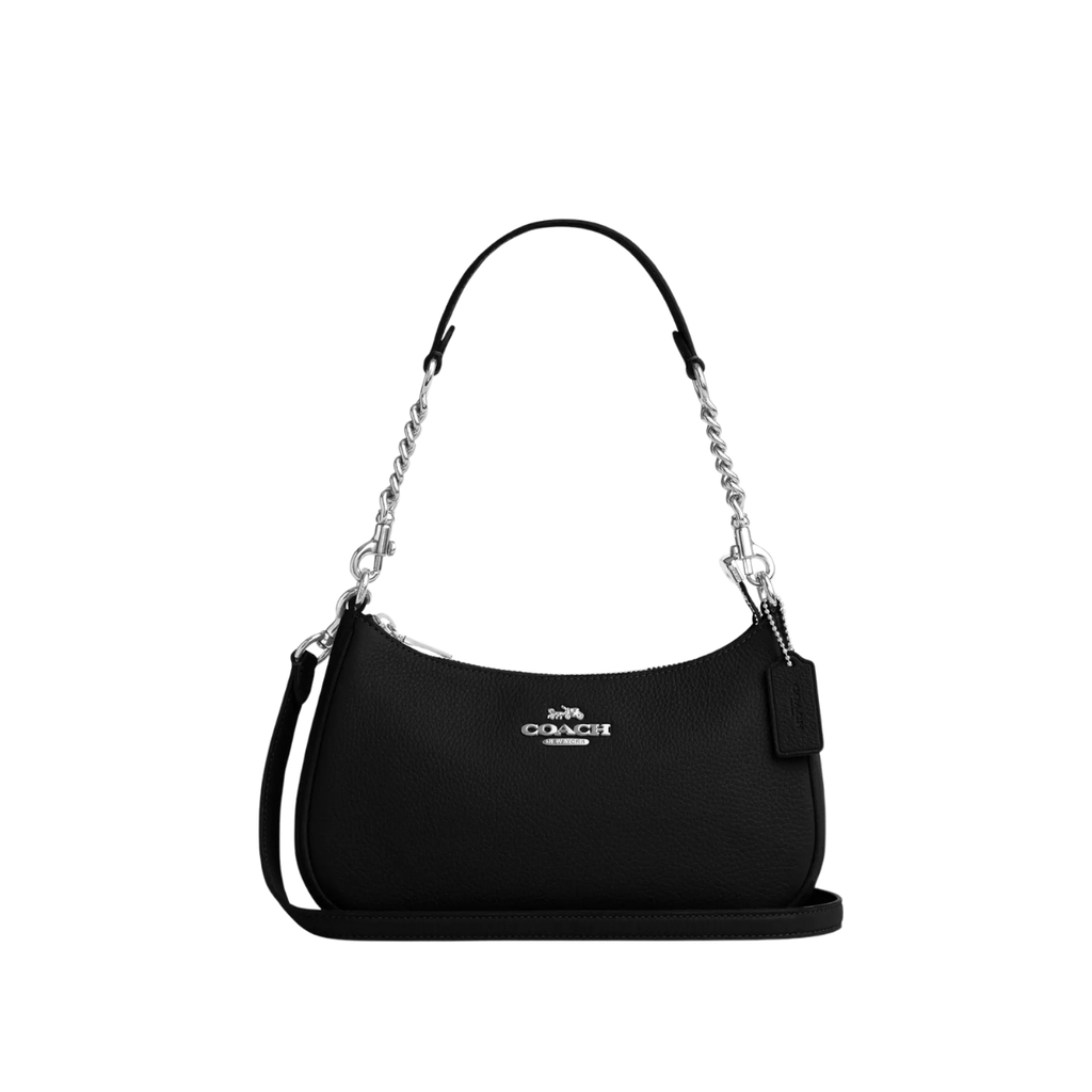 Coach Teri Shoulder Bag Pebbled Leather Silver Black