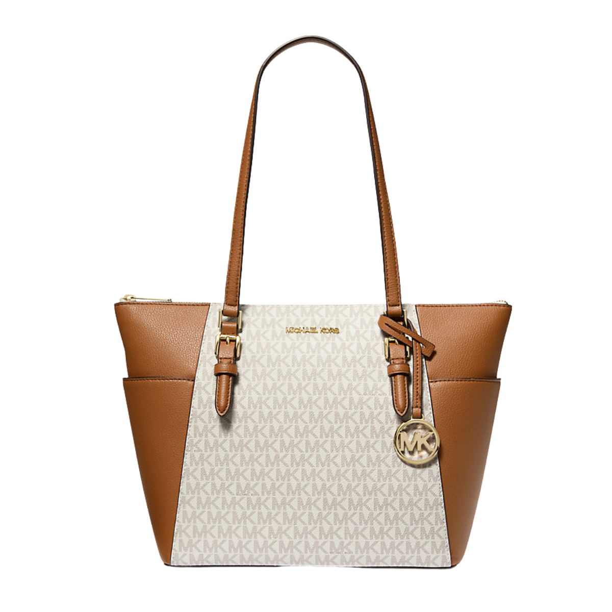 Michael Kors Charlotte Large Logo and Leather Top-Zip Tote Bag Vanilla