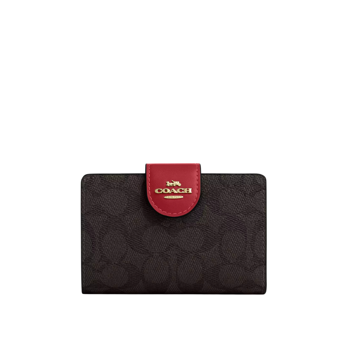 Coach Medium Corner Zip Wallet In Signature Canvas Gold Walnut True Red