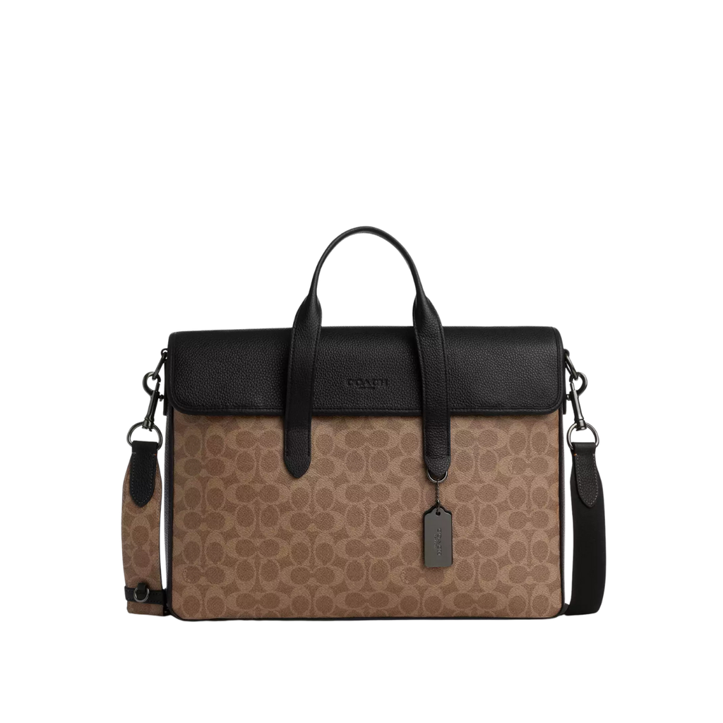Coach Sullivan Portfolio Brief In Signature Canvas Gunmetal Tan Black