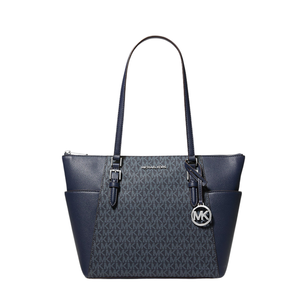Michael Kors Charlotte Large Logo and Leather Top-Zip Tote Bag Admiral