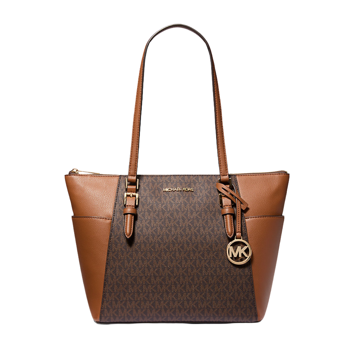 Michael Kors Charlotte Large Logo and Leather Top-Zip Tote Bag Brown
