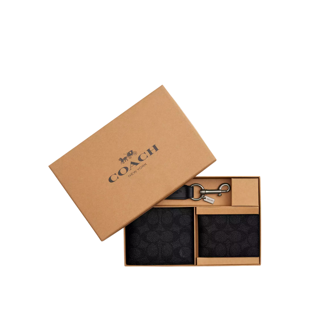 Coach Boxed 3-In-1 Wallet Gift Set In Signature Canvas Gunmetal Charcoal Black