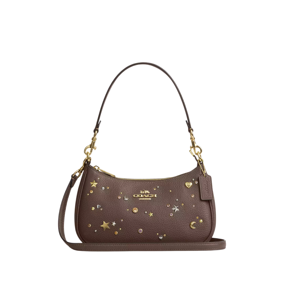 Coach Teri Shoulder Bag With Rivets Pebbled Leather- Gold Dark Stone