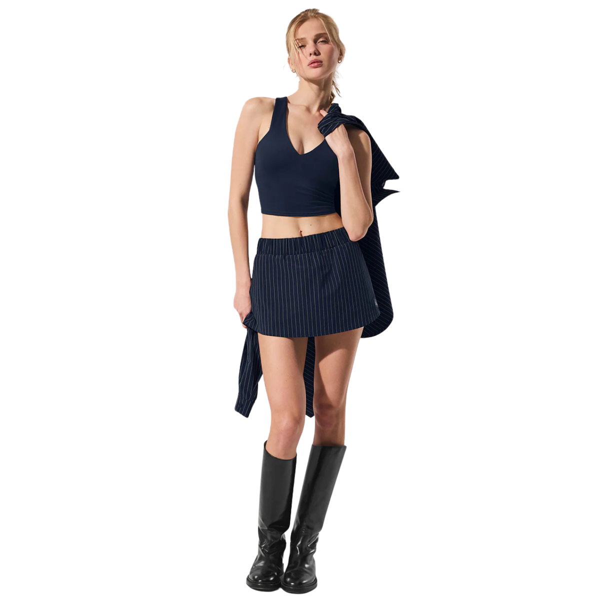 Alo Yoga Women's Pinstripe Daylight Mini Skirt Navy Ivory