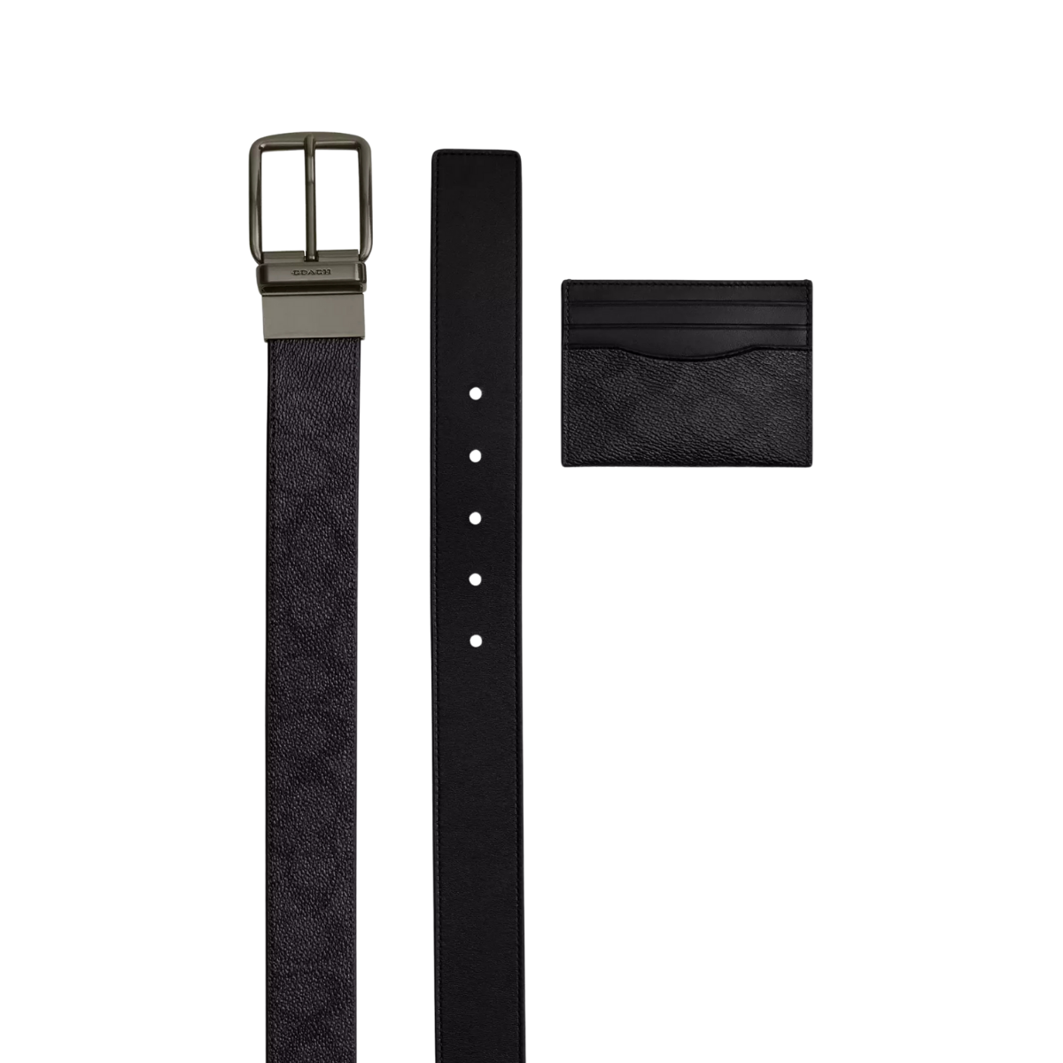 Coach Boxed Card Case And Belt Set In Signature Canvas Gunmetal Charcoal Black