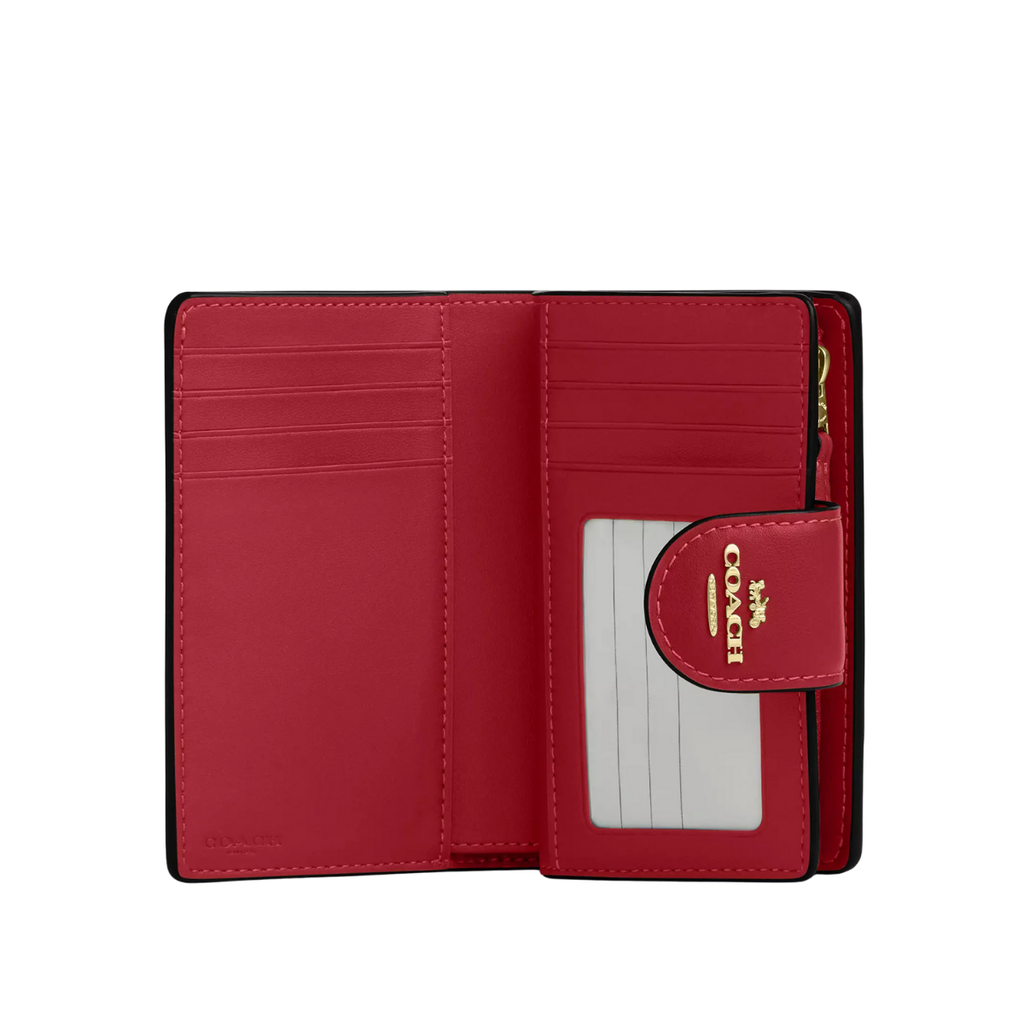 Coach Medium Corner Zip Wallet In Signature Canvas Gold Walnut True Red