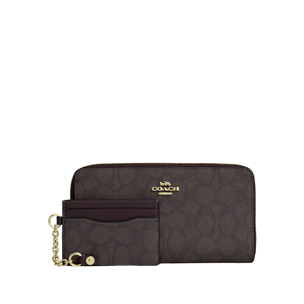 Coach Long Zip Around Wallet With Detachable Card Case In Signature Canvas Gold Walnut Black