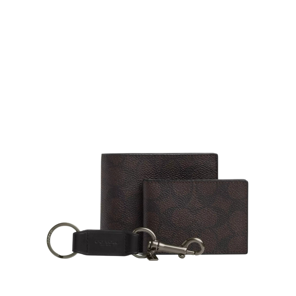 Coach Boxed 3-In-1 Wallet Gift Set In Signature Canvas Gunmetal Walnut Black