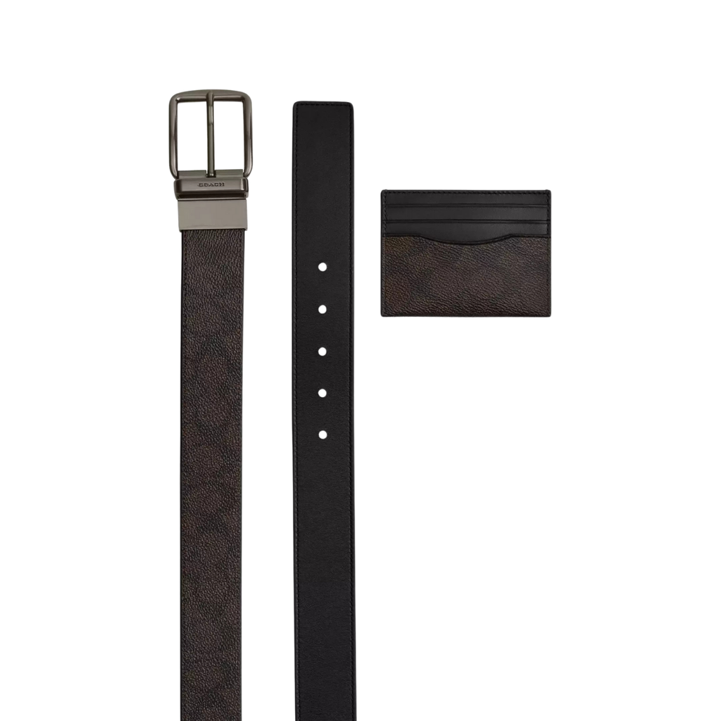 Coach Boxed Card Case And Belt Set In Signature Canvas Gunmetal Walnut Black