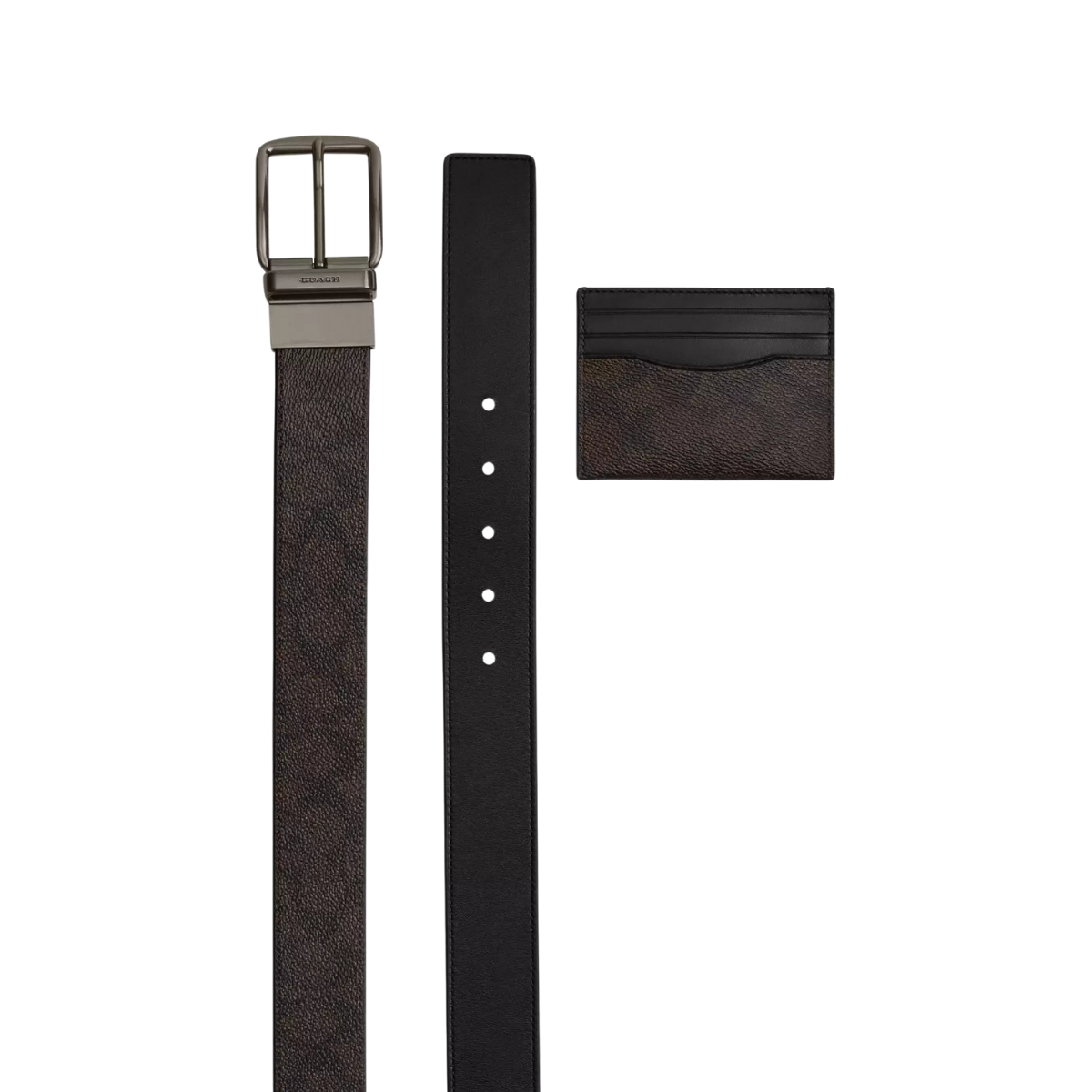 Coach Boxed Card Case And Belt Set In Signature Canvas Gunmetal Walnut Black