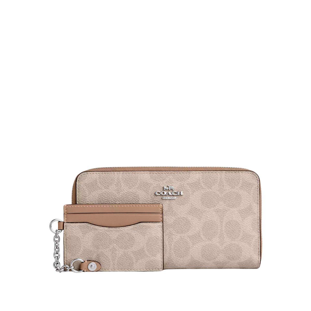 Coach Long Zip Around Wallet With Detachable Card Case In Signature Canvas Silver Sand Taupe