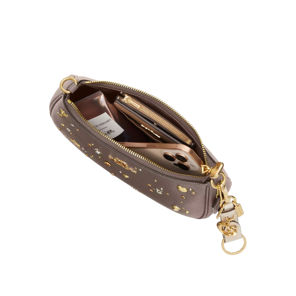 Coach Teri Shoulder Bag With Rivets Pebbled Leather- Gold Dark Stone