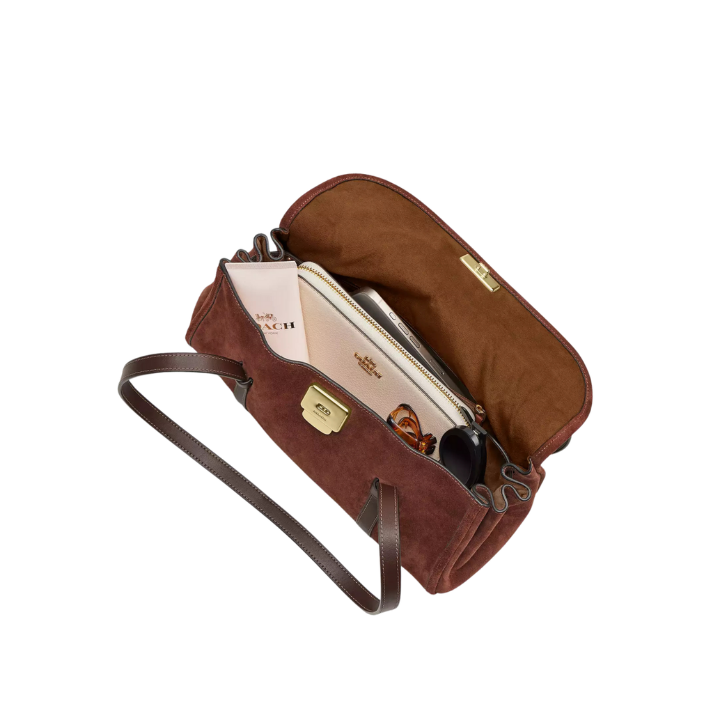 Coach Bridget Flap Shoulder Bag Suede Gold Vintage Brown