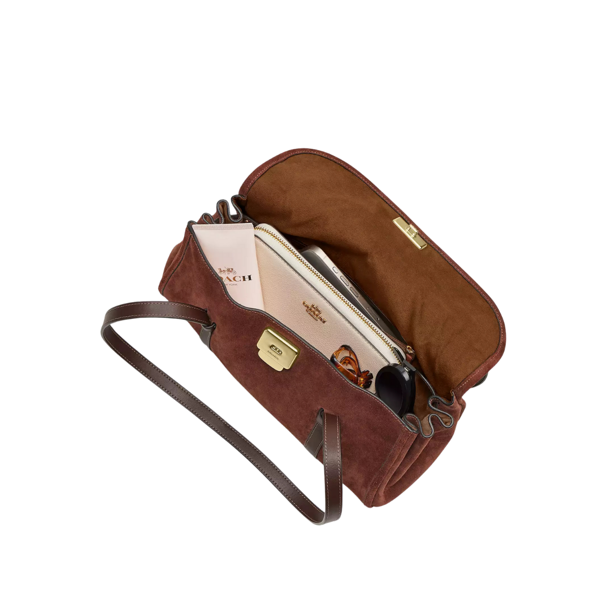 Coach Bridget Flap Shoulder Bag Suede Gold Vintage Brown
