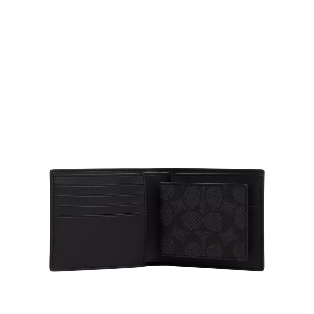Coach Boxed 3-In-1 Wallet Gift Set In Signature Canvas Gunmetal Charcoal Black