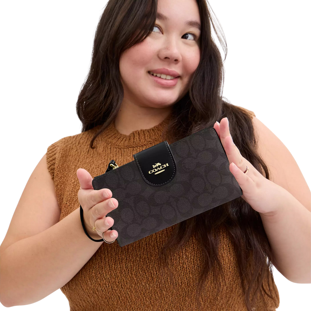 Coach Phone Wallet In Signature Canvas Gold Walnut Black