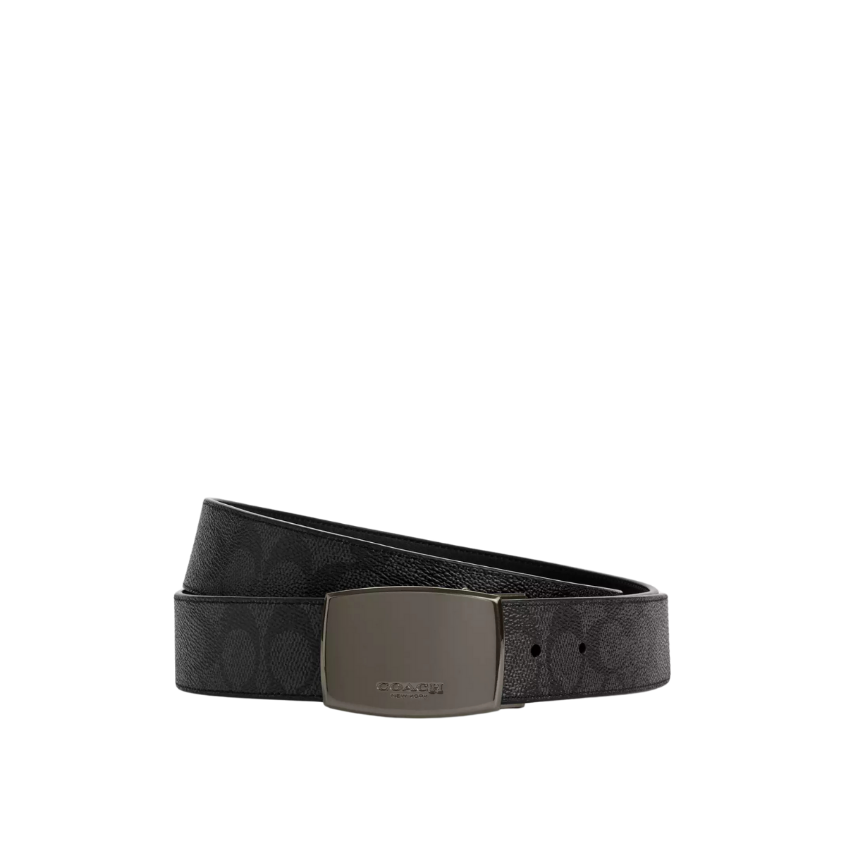 Coach Boxed Plaque And Harness Buckle Cut-To-Size Reversible Belt 38 MM Gunmetal Charcoal Black