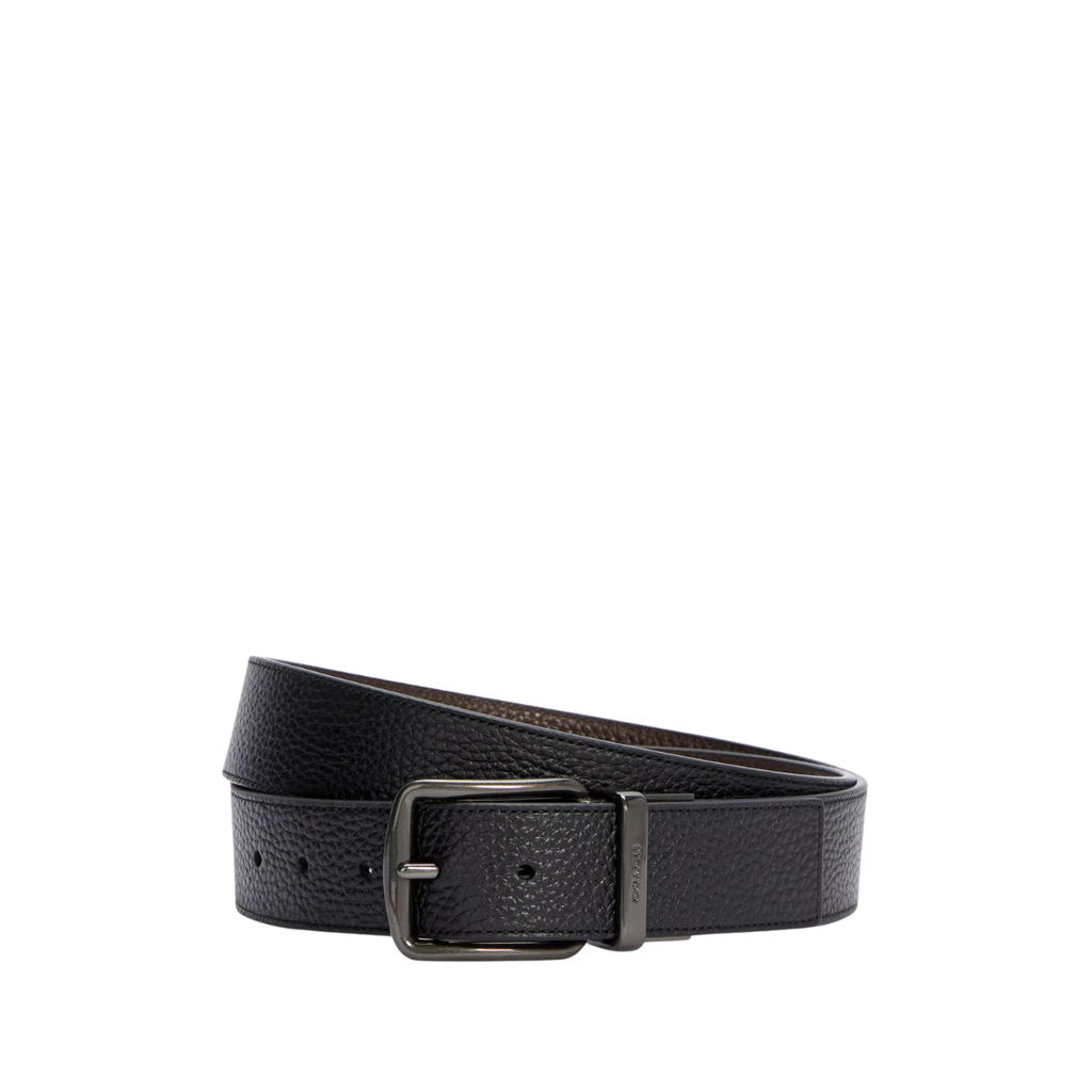Coach Boxed Harness Buckle Cut-To-Size Reversible Belt 38 MM Black Dark Brown
