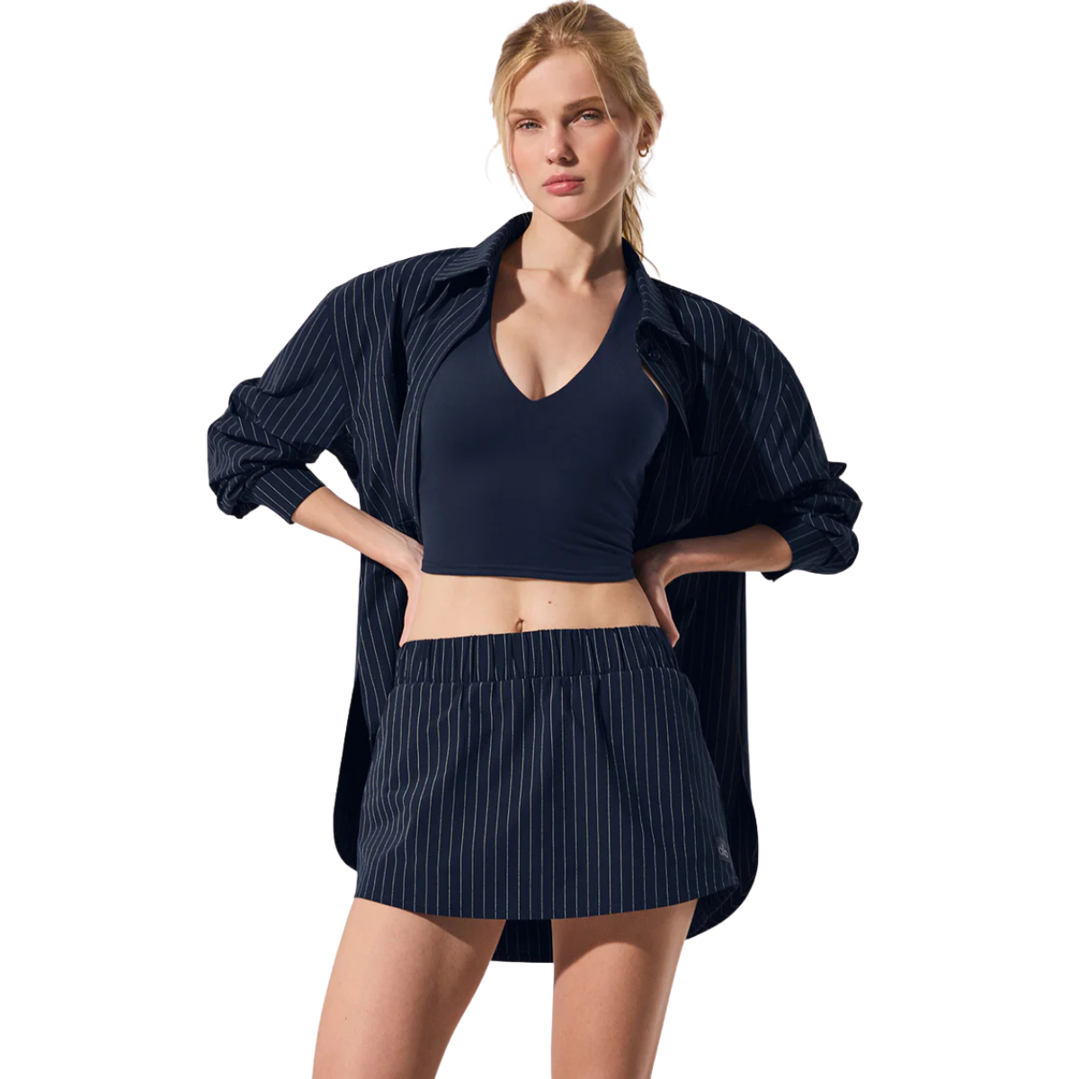 Alo Yoga Women's Pinstripe Daylight Mini Skirt Navy Ivory