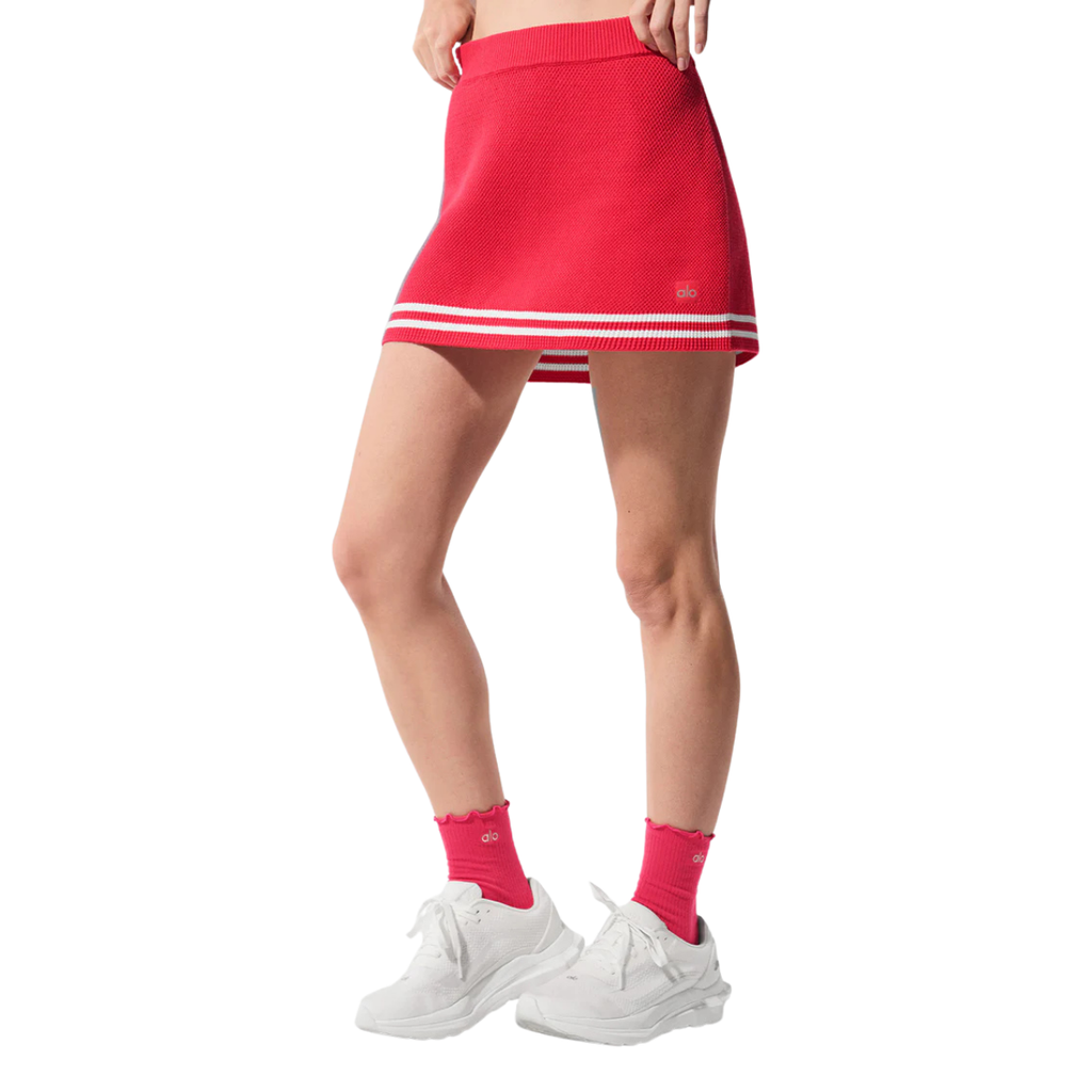 Alo Yoga Women's Tennis Club Sweater Knit Skirt Candy Red White