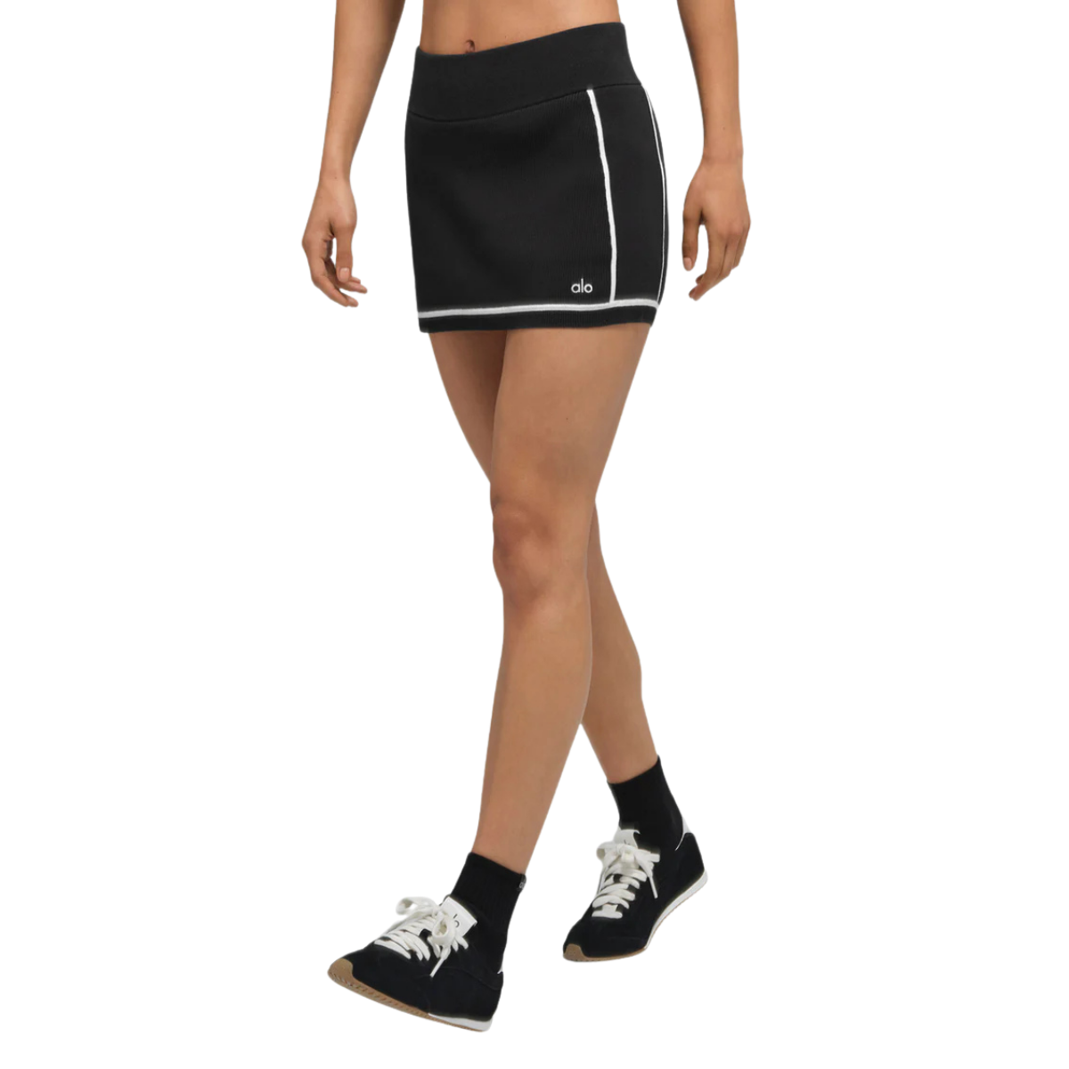 Alo Yoga Women's Ribbed Sweater Knit Highline Mini Skirt Black White