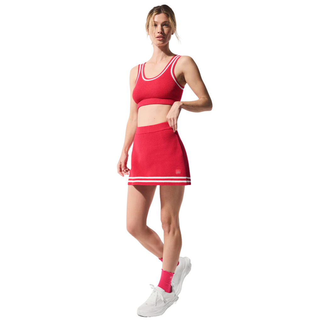 Alo Yoga Women's Tennis Club Sweater Knit Skirt Candy Red White
