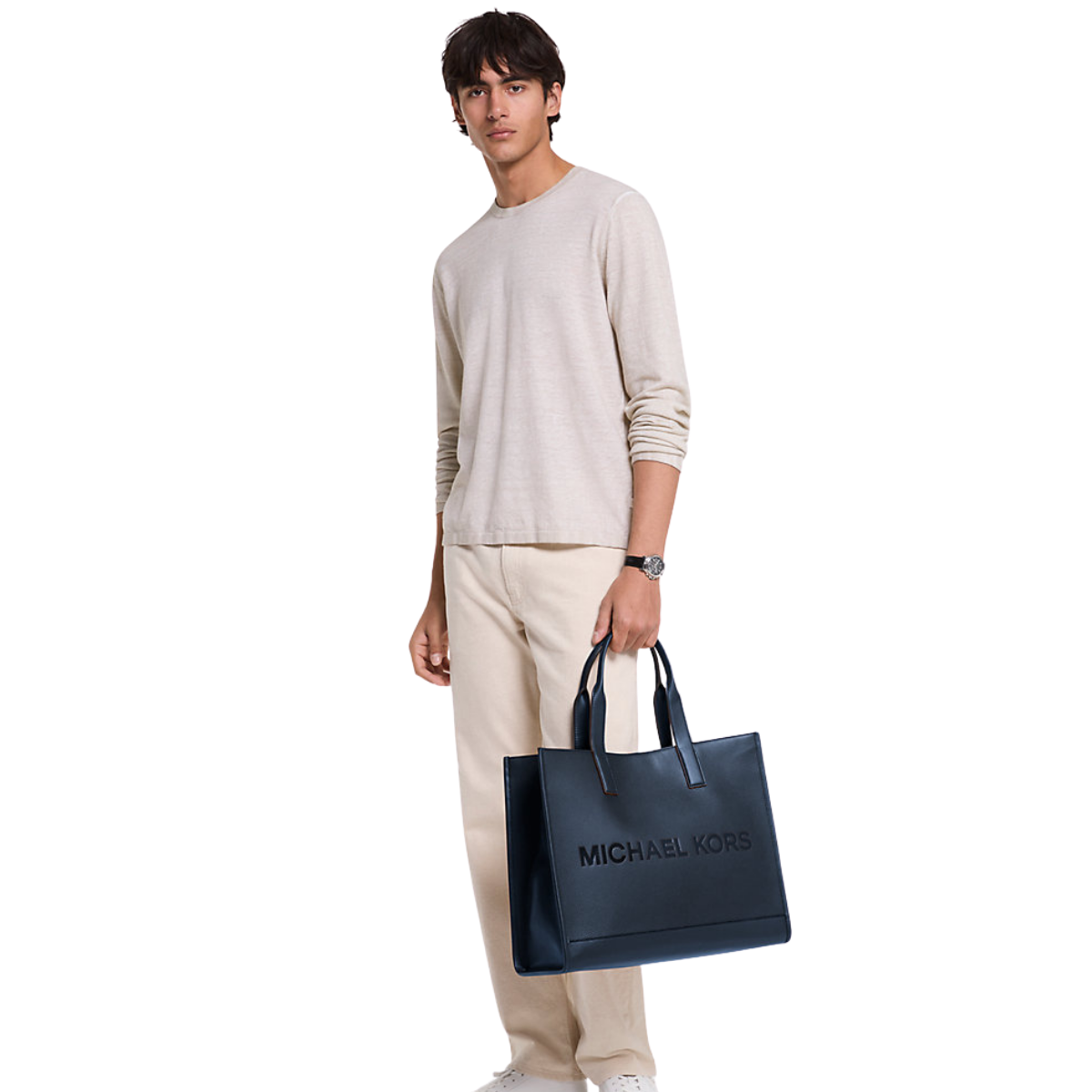 Michael Kors Cooper Logo Embossed Pebbled Leather Tote Bag Navy