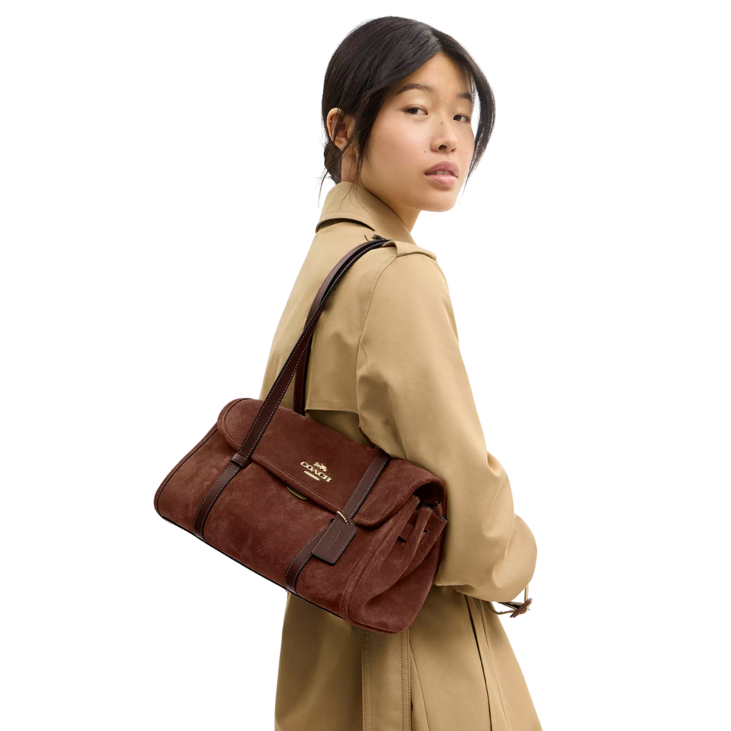 Coach Bridget Flap Shoulder Bag Suede Gold Vintage Brown