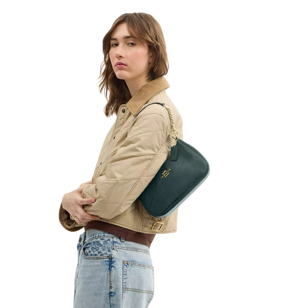 Coach Teri Shoulder Bag With Quilting Smooth Leather Gold Dark Teal