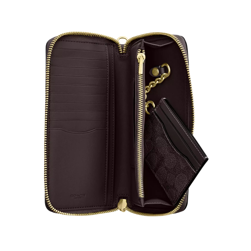 Coach Long Zip Around Wallet With Detachable Card Case In Signature Canvas Gold Walnut Black