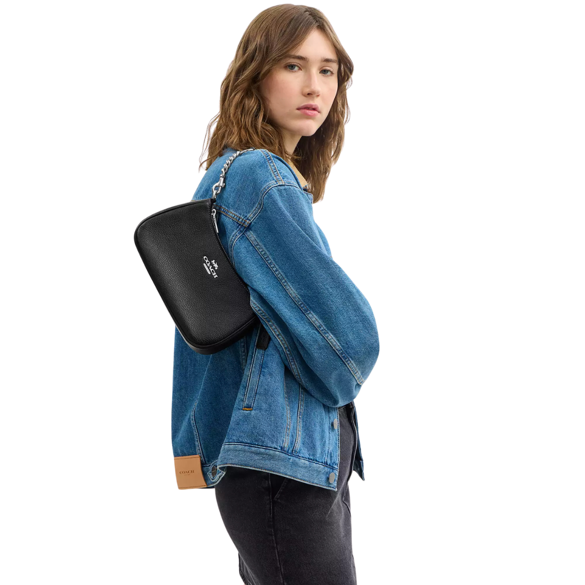 Coach Teri Shoulder Bag Pebbled Leather Silver Black
