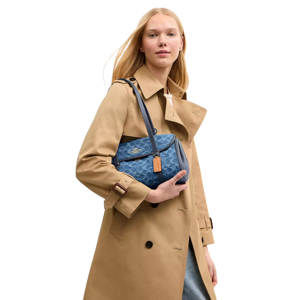 Coach Bridget Flap Shoulder Bag In Signature Denim Gold Indigo