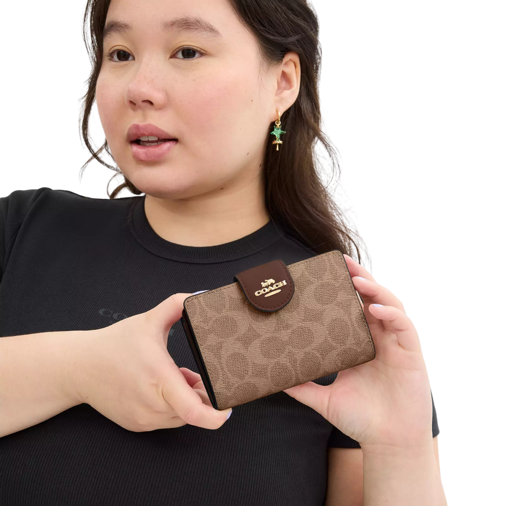 Coach Medium Corner Zip Wallet In Signature Canvas Gold Gold Tan Brown