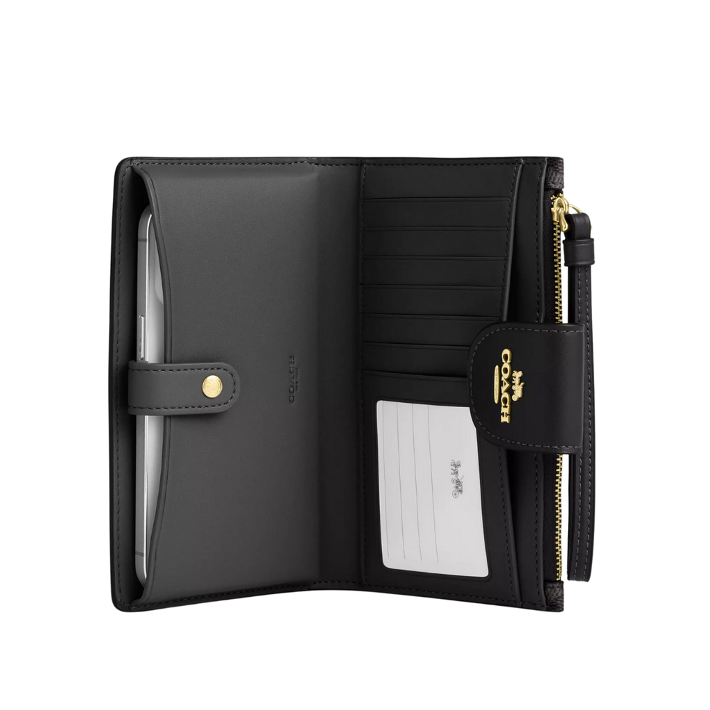 Coach Phone Wallet In Signature Canvas Gold Walnut Black