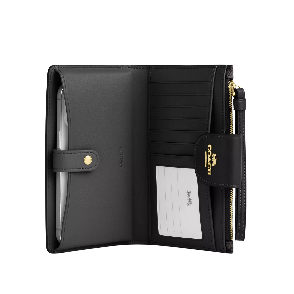 Coach Phone Wallet In Signature Canvas Gold Walnut Black