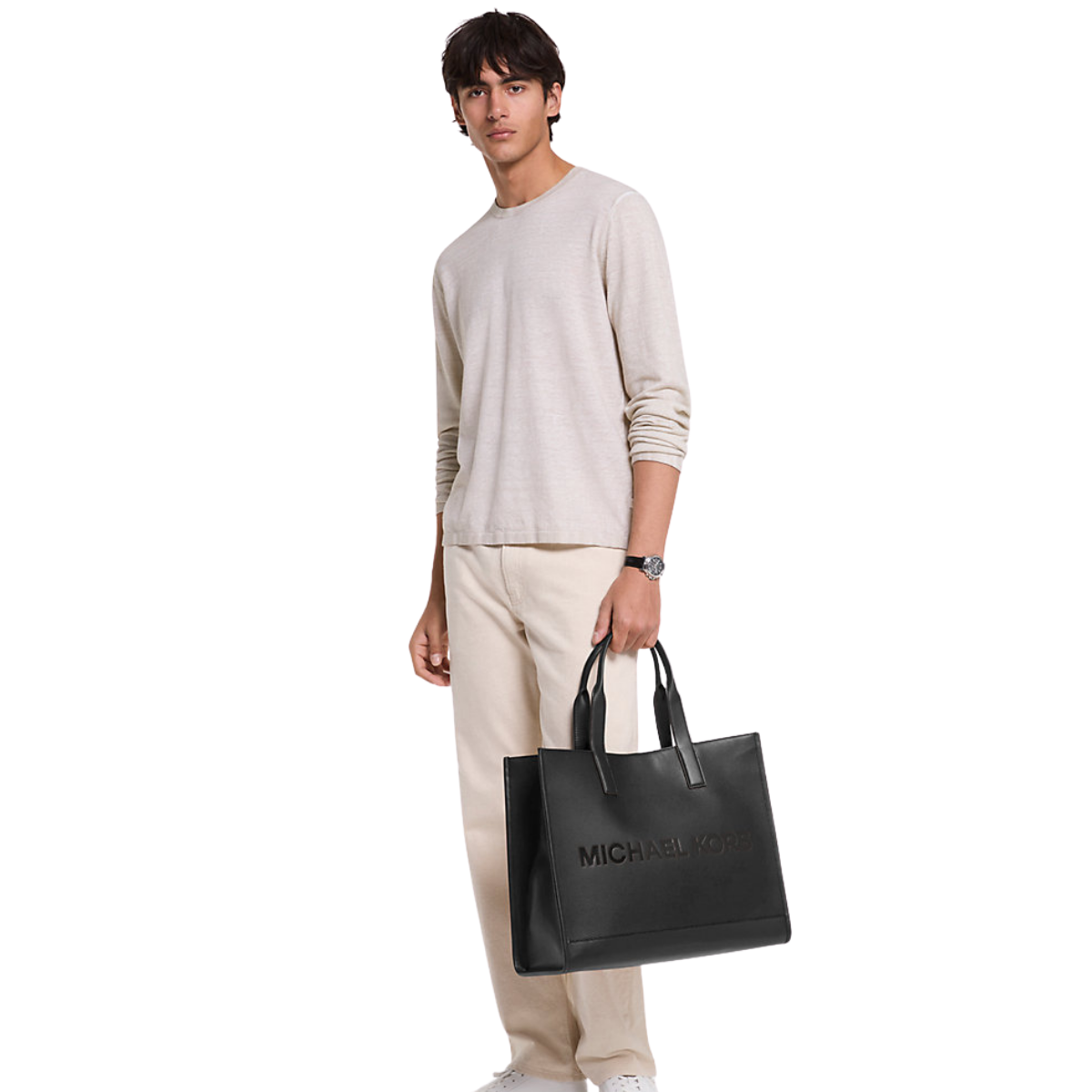 Michael Kors Cooper Logo Embossed Pebbled Leather Tote Bag Black