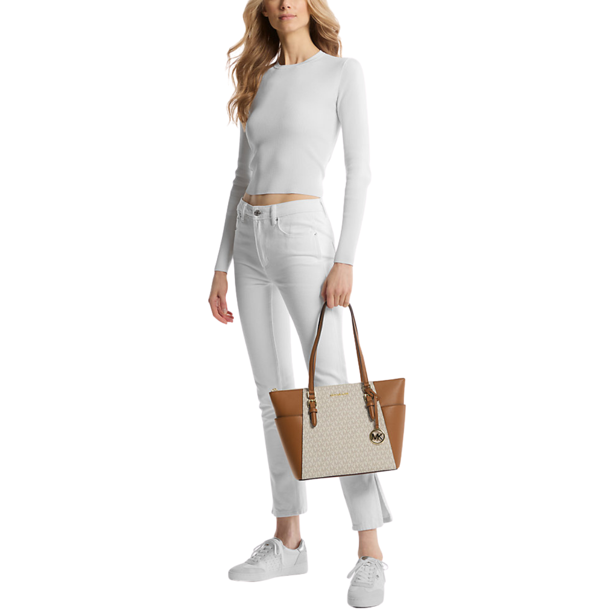 Michael Kors Charlotte Large Logo and Leather Top-Zip Tote Bag Vanilla