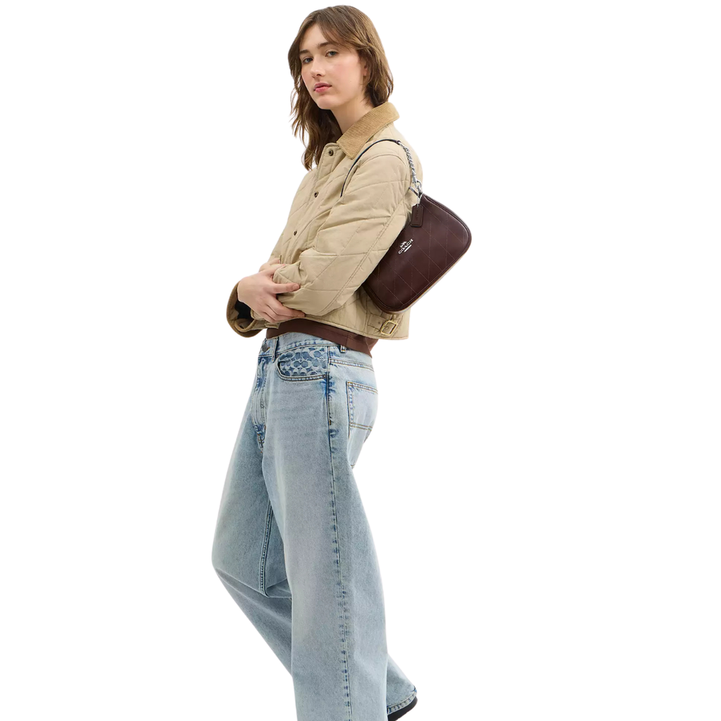 Coach Teri Shoulder Bag With Quilting Smooth Leather Silver Maple