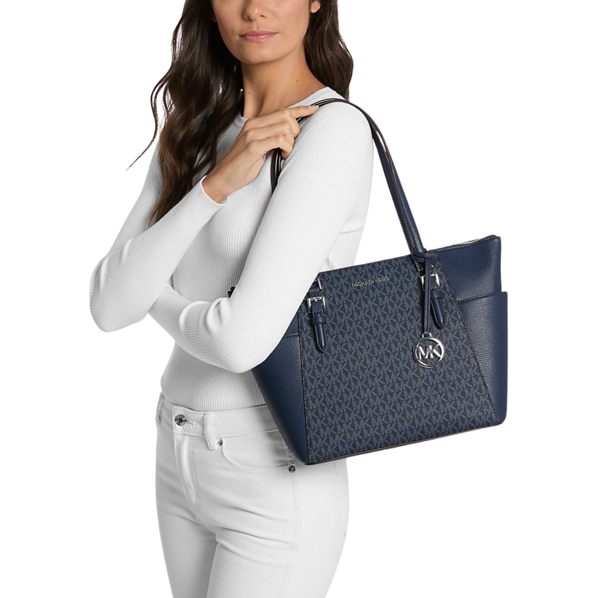 Michael Kors Charlotte Large Logo and Leather Top-Zip Tote Bag Admiral