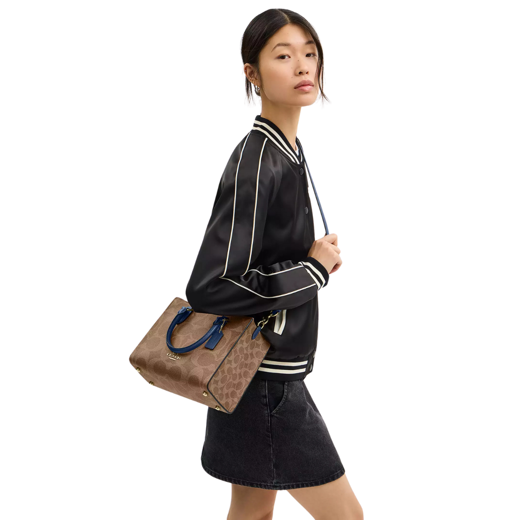 Coach Maggie Small Tote Bag In Signature Canvas Gold Tan Deep Blue